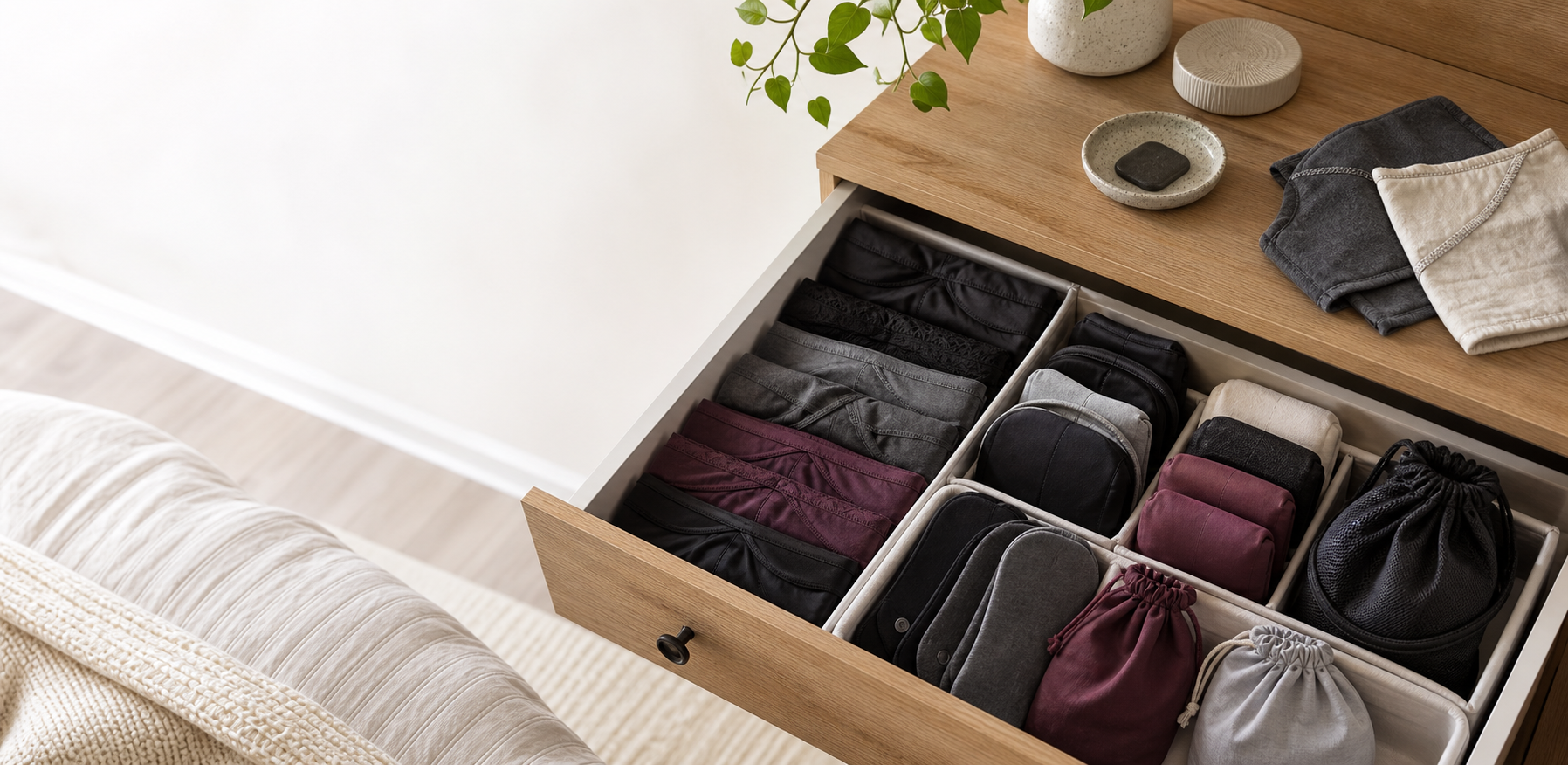 Folded reusable care items organized in a bedroom drawer