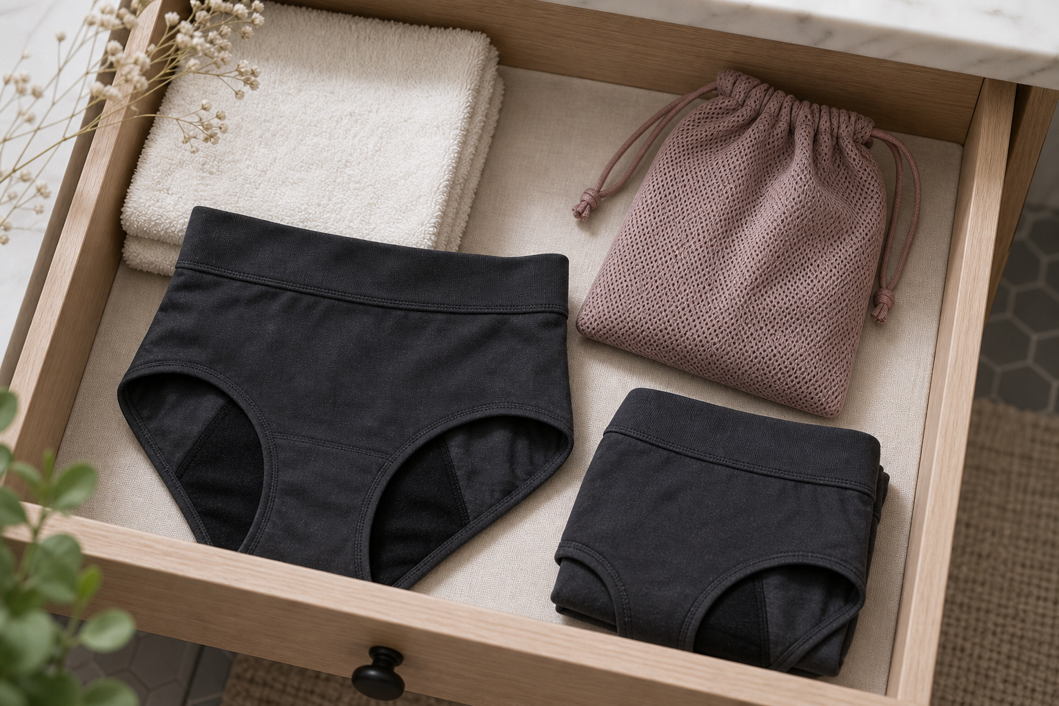 Everyday reusable care drawer with spare pair and pouch